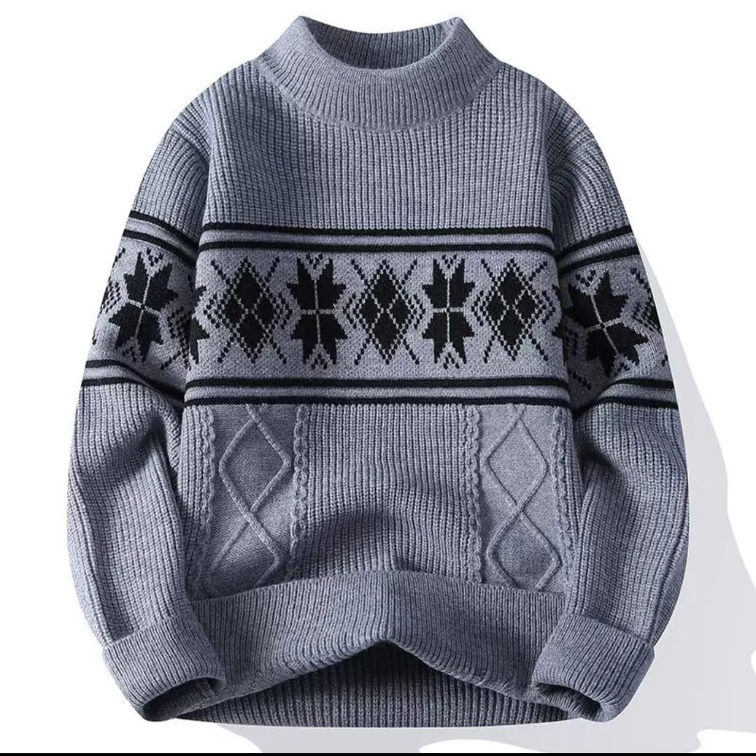 Men's Grey Cable-Knit Nordic Sweater